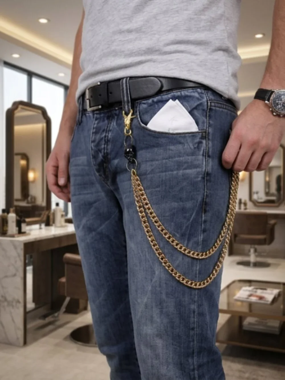 NEW Men Gold Metal Wallet Jeans Chains KeyChain Biker 2 Strands Pewter Skulls